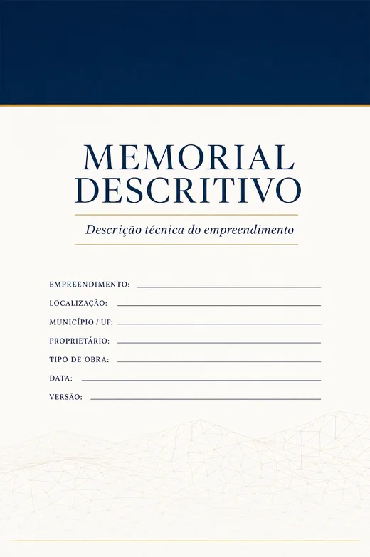 Capa ilustrativa de um Memorial Descritivo, com campos de empreendimento, localização e proprietário em branco