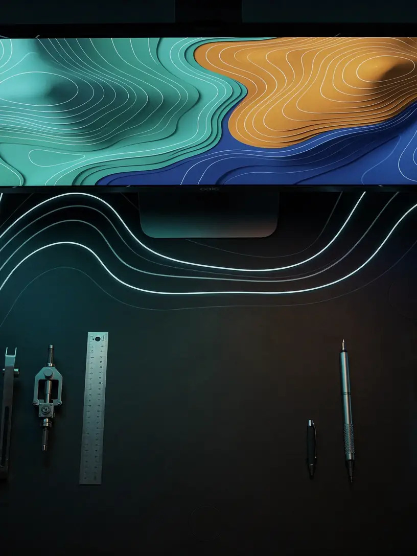 Mesa de trabalho de projeto vista de cima: monitor exibindo um mapa topográfico em curvas de nível e, sobre a bancada, compasso, escalímetro e canetas técnicas