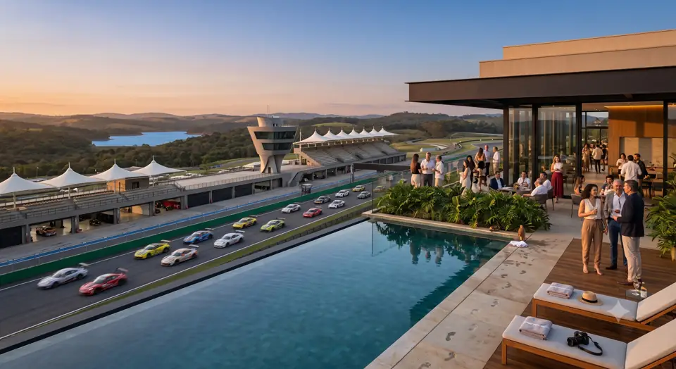 Terraço com piscina de borda infinita ao entardecer, voltado para um vale aberto