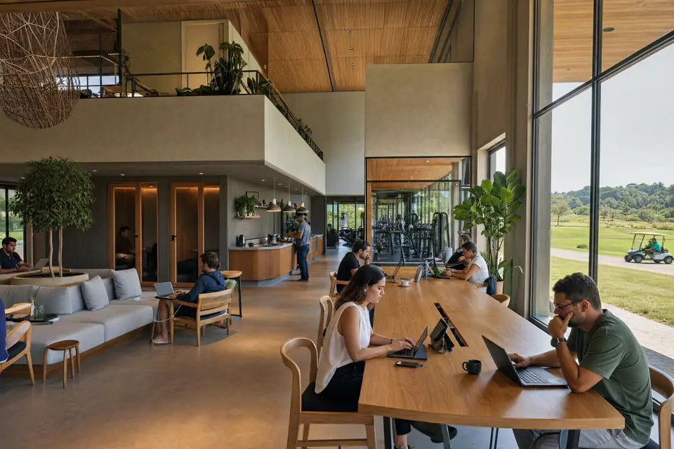 Interior de um espaço de trabalho compartilhado com pé-direito duplo, mesa comunitária e fachada envidraçada para o gramado