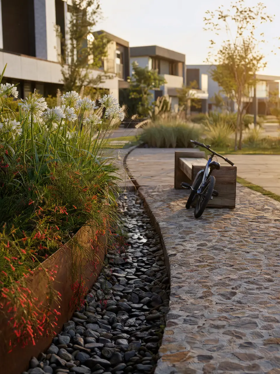 Detalhe de paisagismo ao fim da tarde: canteiro florido, canal de seixos e calçada em pedra